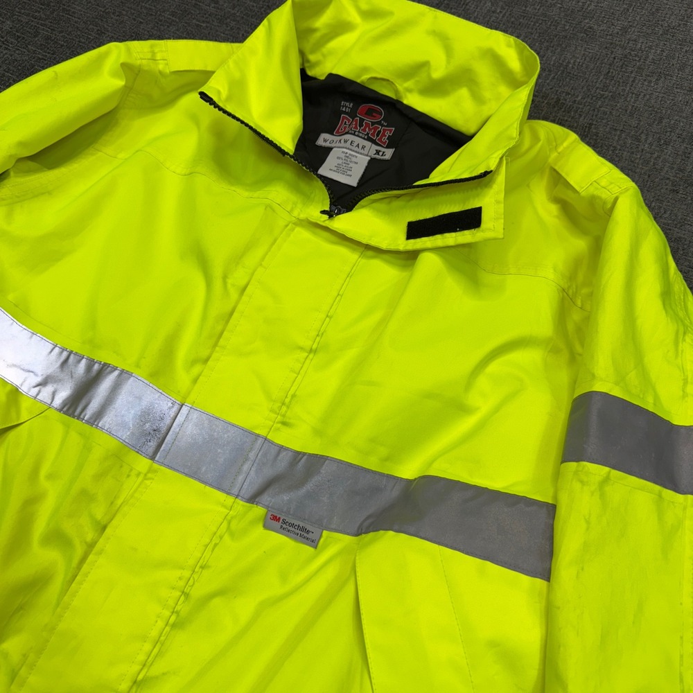 Game Workwear Jacket Mens XL Hi-Vis Reflective Neon Yellow Class 3 Hood